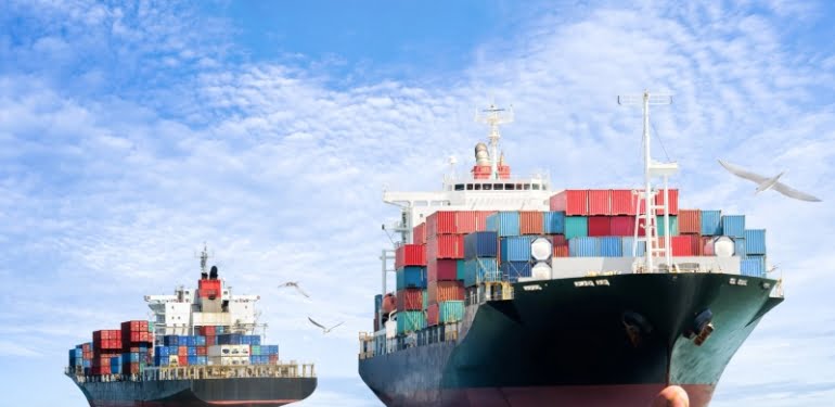 Container Cargo ship in the ocean with Birds flying