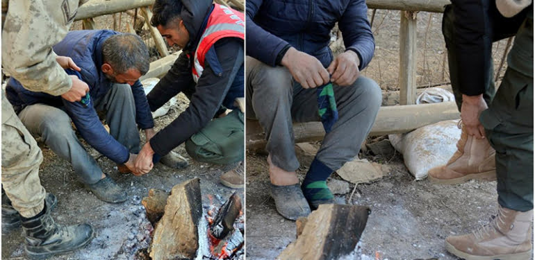 Mehmetçik ayağındaki çorabı çıkarıp depremzedeye giydirdi