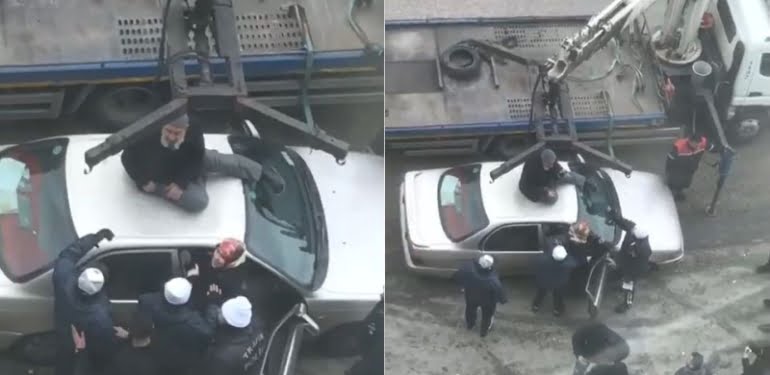 Otomobilini çektirmemek için üzerine çıktı