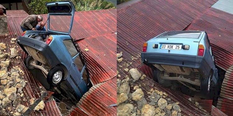 Akılalmaz görüntü… Evin çatısına araç düştü