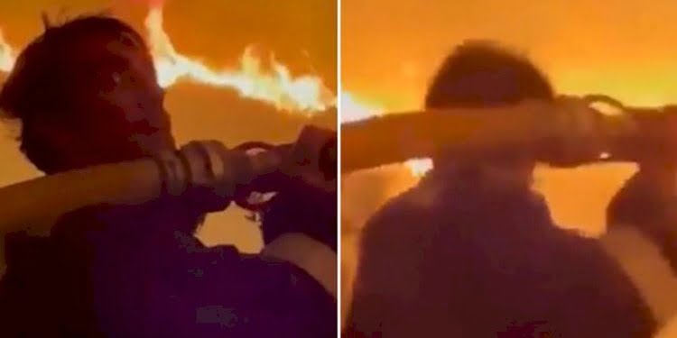 Oyuncu İbrahim Çelikkol termik santrale yaklaşan alevlerin içine hortumla daldı