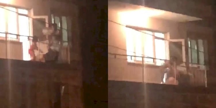 Balkonda şiddet kamerada! Çocuklarının gözü önünde…