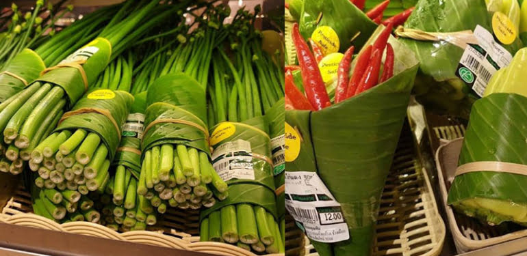 Tayland’da ve Vietnam’da plastik ambalaj yerine muz yaprakları