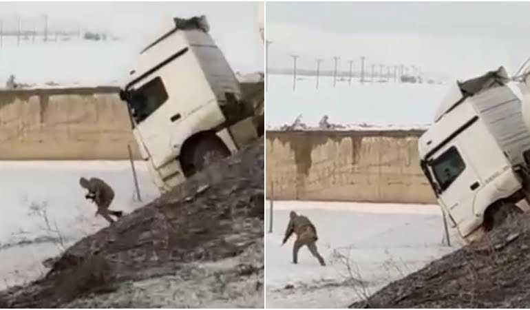 Görevli asker, kayan tankerin altında kalmaktan son anda kurtuldu!
