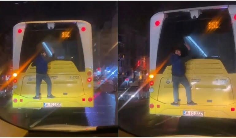 İETT otobüsünün arkasında ‘örümcek adam’ yolculuğu kamerada