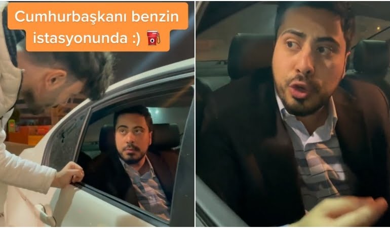 Erdoğan’ı taklit eden genç akaryakıt istasyonunda