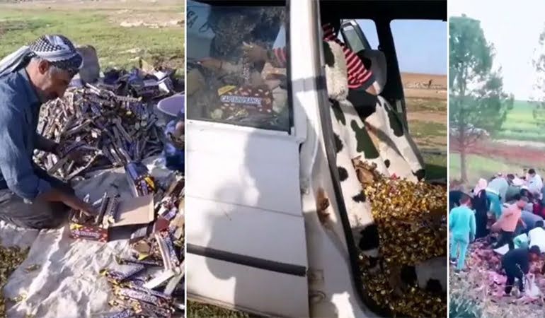 Şanlıurfa’da devrilen TIR’daki bayram şekerleri ve çikolatalar yağmalandı!
