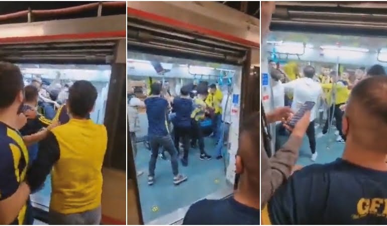 Marmaray’da karşılaşan Fenerbahçeli ve Trabzonsporlu taraftarların kavgası kamerada