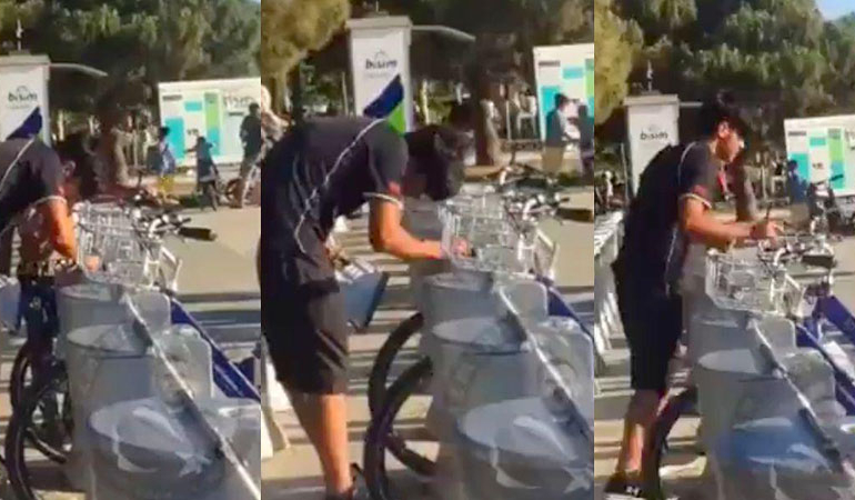 İzmir’de belediyeye ait bisikleti çalan kişi böyle görüntülendi