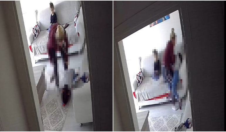 Annenin iki kızını dövdüğü anlar kamerada