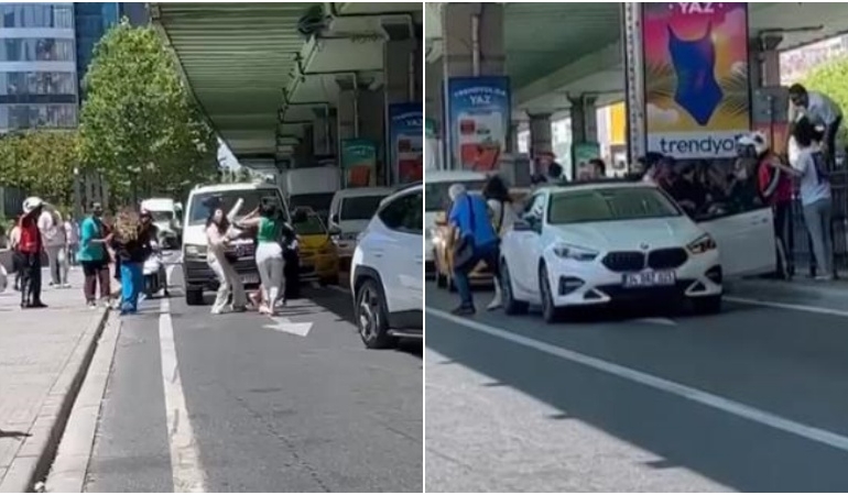 Trafiği durduran kavga: Saç saça birbirlerine girdiler