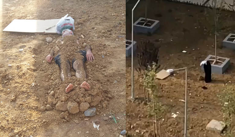Mahalleliyi alarma geçiren manzara… Eşini toprağa gömdü başında dua etti
