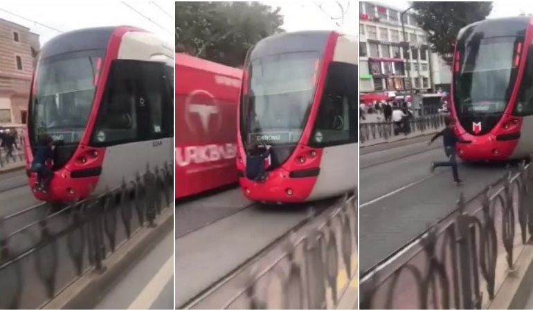 Tramvaya tutunan çocuk yürekleri ağza getirdi
