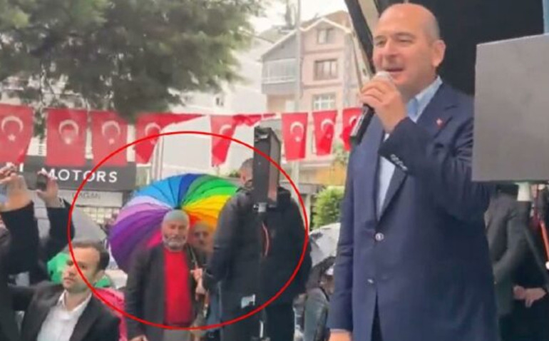 Soylu’nun mitinginde gökkuşağı renkli şemsiyeye müdahale!