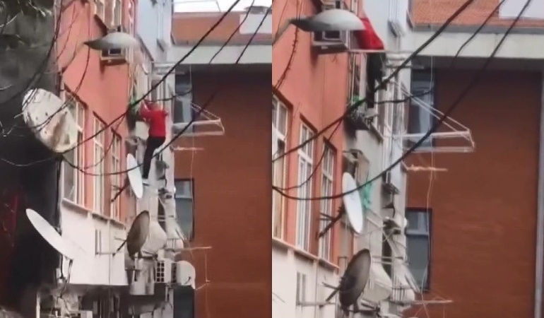 Apartmana ‘Örümcek adam’ gibi tırmandı… O anlar kamerada