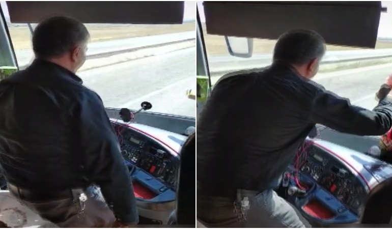 Seyir halindeki otobüste akılalmaz anlar… Şoför halaya kalktı