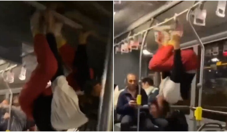 Örümcek adam gibi… Metrobüste direk dansı kamerada