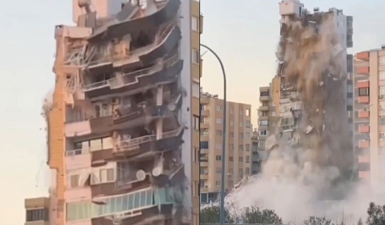 Yarısı yıkılan bina böyle çöktü