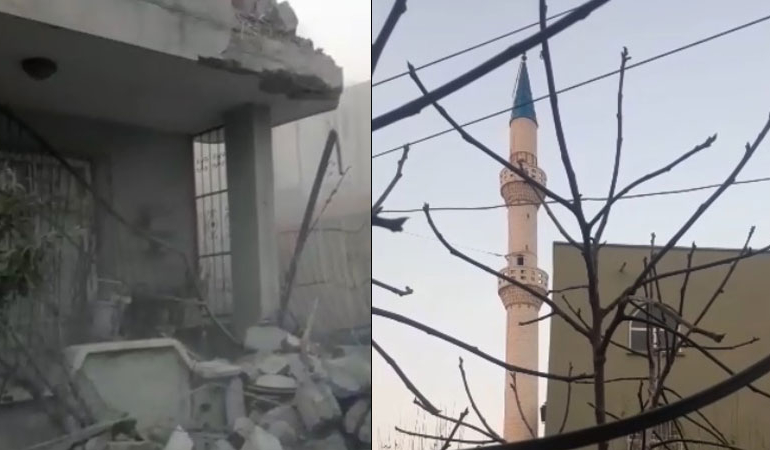 ‘Kontrollü’ olarak yıkılan minare 3 katlı evin üzerine devrildi