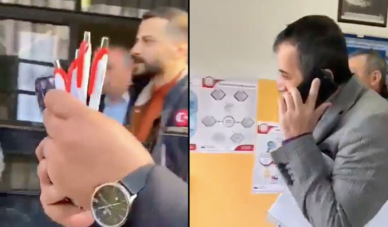 Sandık başında AKP logolu kalem dağıttı