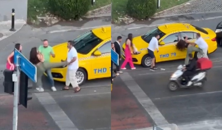 Beyoğlu’nda taksici ile kadınların kavgası kamerada