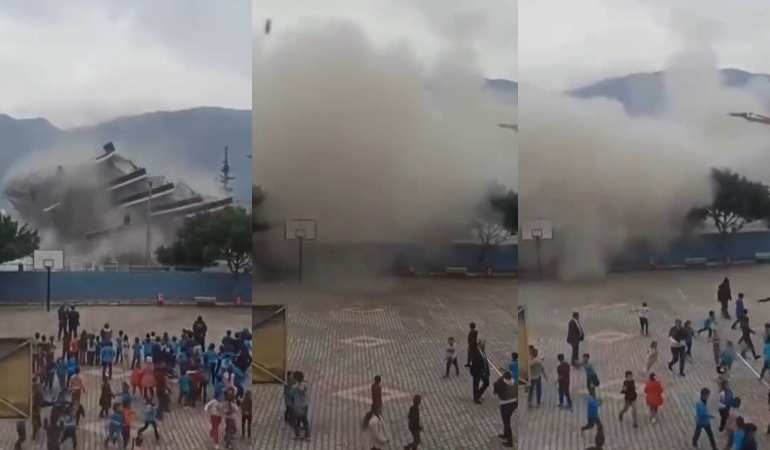 Okul yanında yıkım… Öğrencilerin panik anları kamerada
