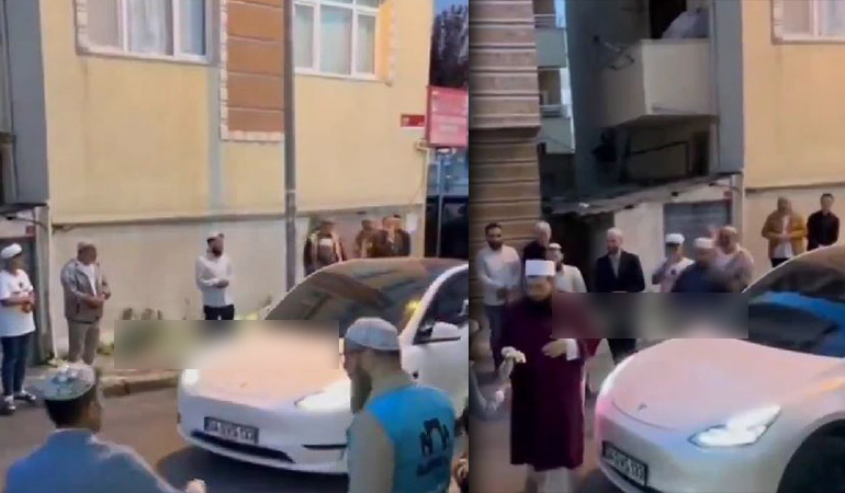 Menzil yine servetiyle gündemde: Tesla ile dergâh ziyareti kamerada…