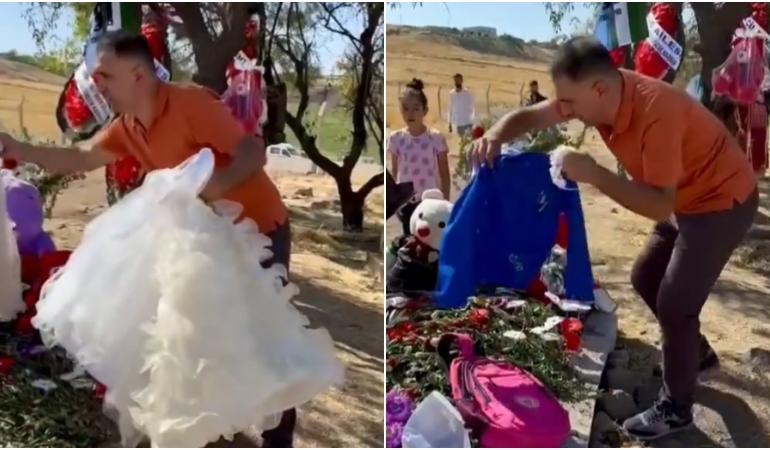 Narin’in mezarındaki gelinliği kaldırıp okul önlüğü ve çanta bıraktı